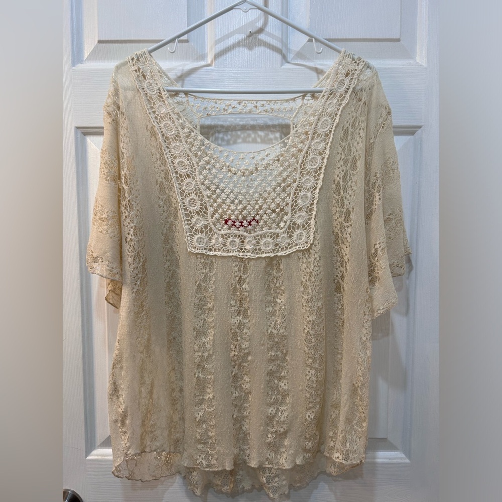 Vtg Y2K Crochet Lace Blouse Sz L Celestial Artsy Festival Fairy Hippie Boho